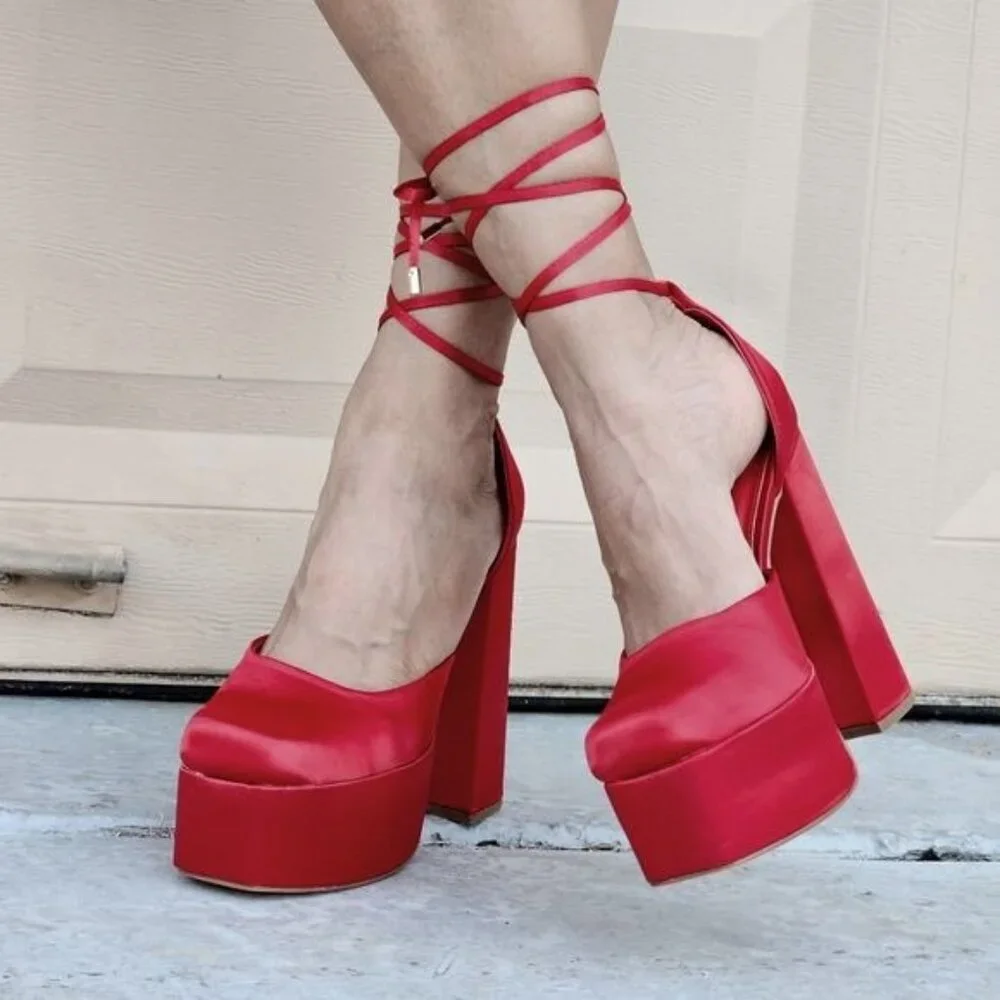 Womens Satin Platform Chunky Lace Up Heels Red Color